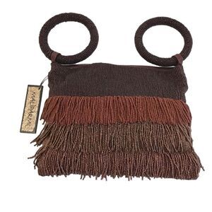 Anthropologie Maliparmi Brown Metallic Two Ring Handle Beaded Hand Bag Wristlet